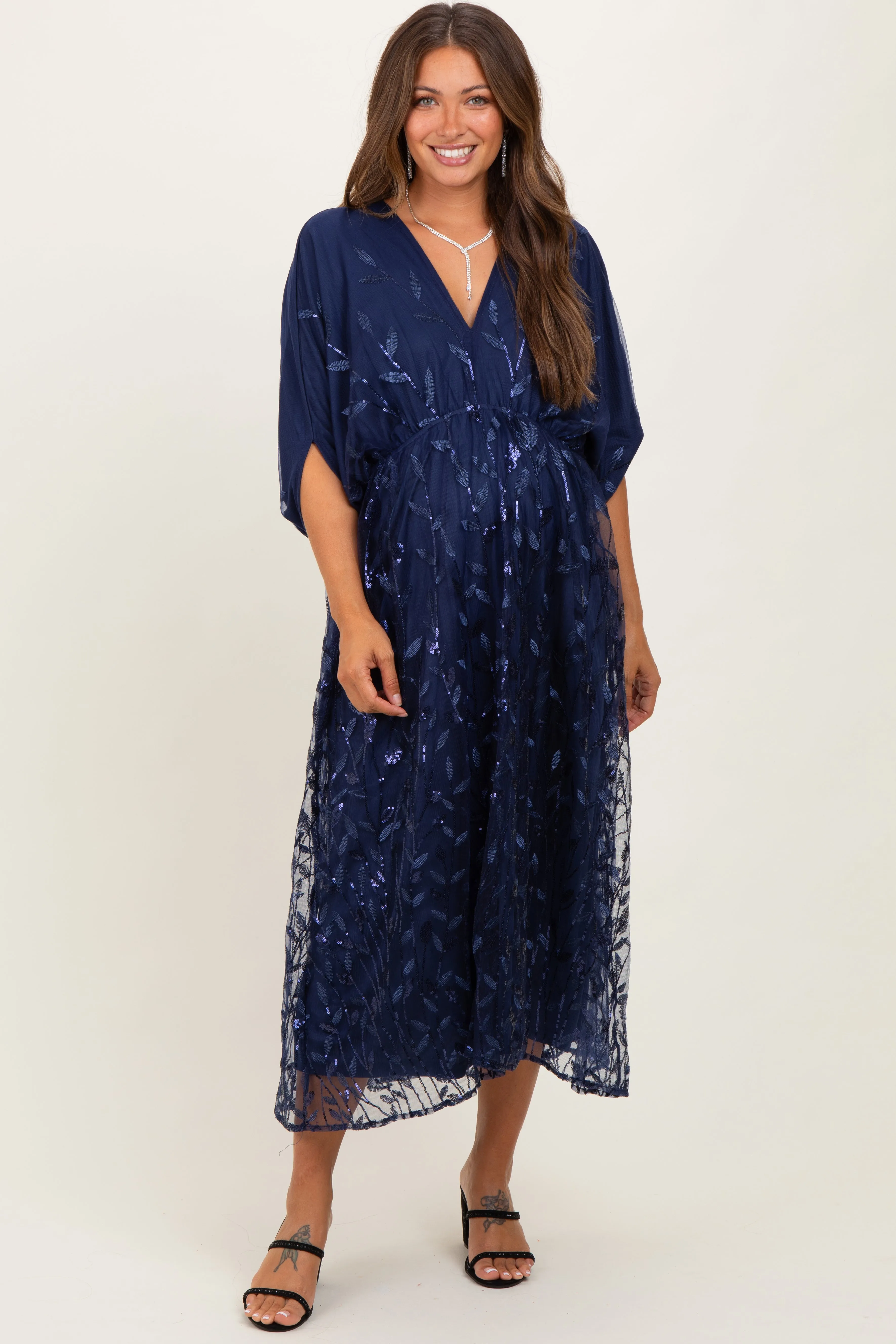 Navy Embroidered Tulle Dolman V-Neck Maternity Midi Dress sold by Pinkblush