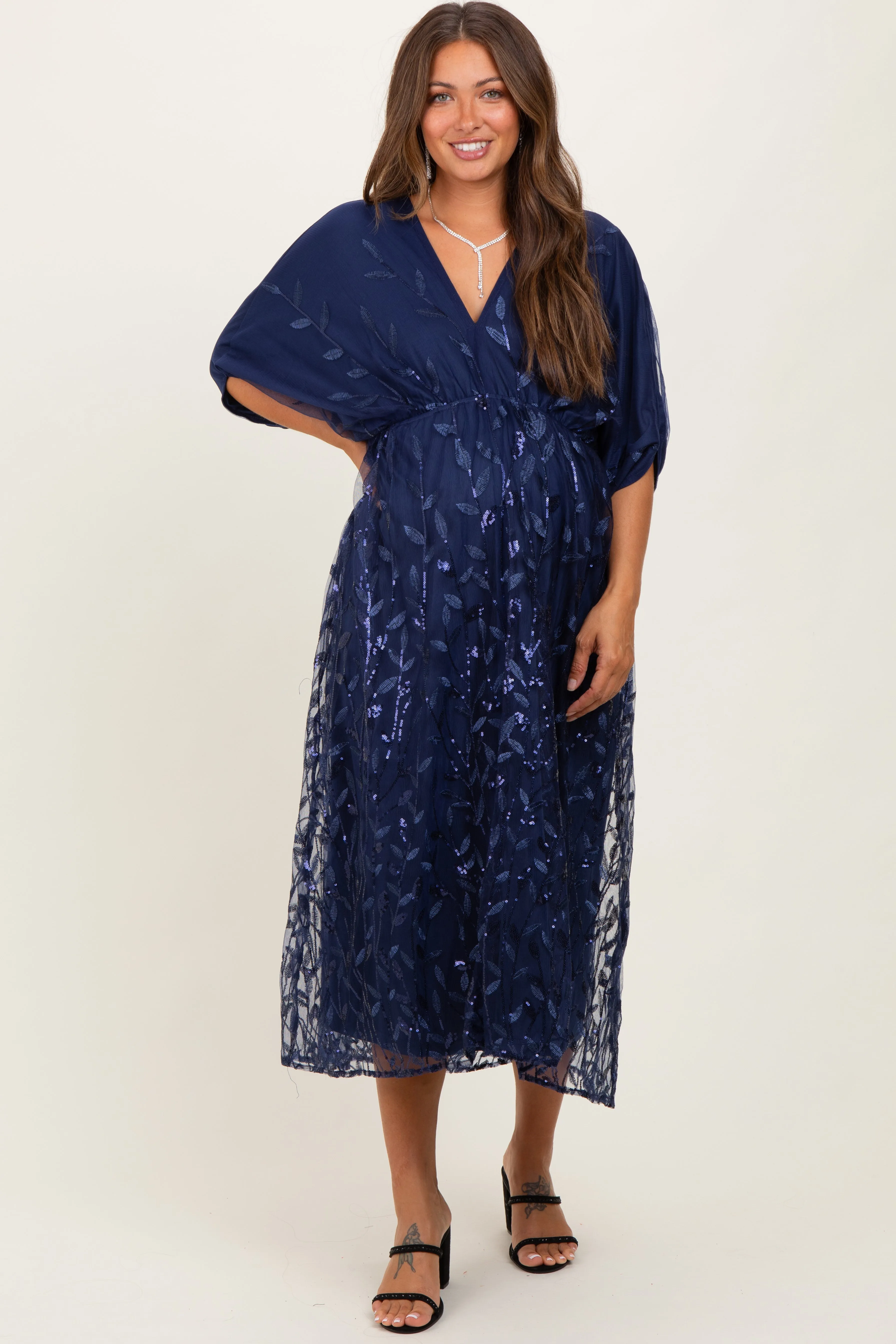 Navy Embroidered Tulle Dolman V-Neck Maternity Midi Dress sold by Pinkblush product image thumbnail 2