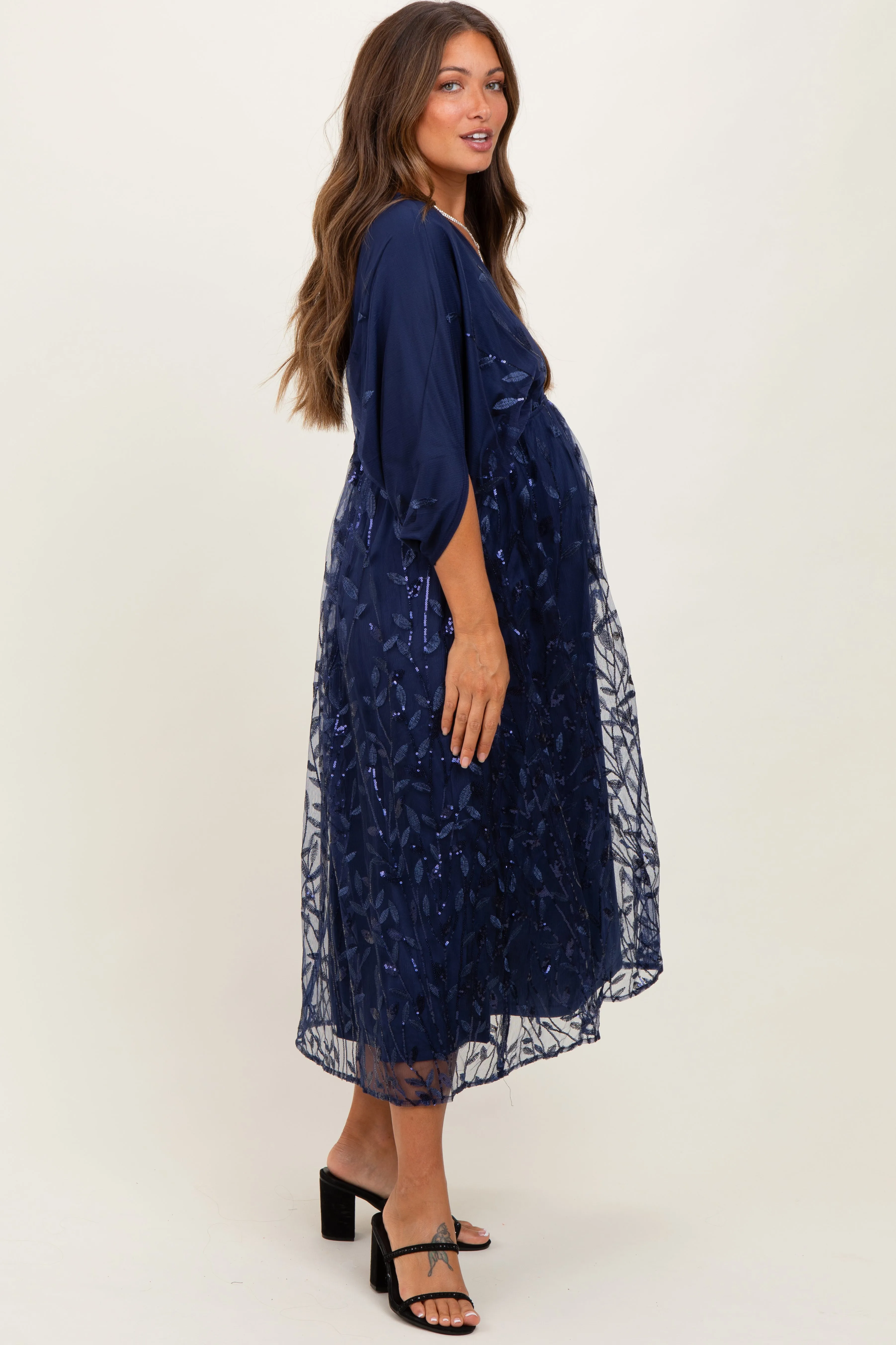 Navy Embroidered Tulle Dolman V-Neck Maternity Midi Dress sold by Pinkblush product image thumbnail 3