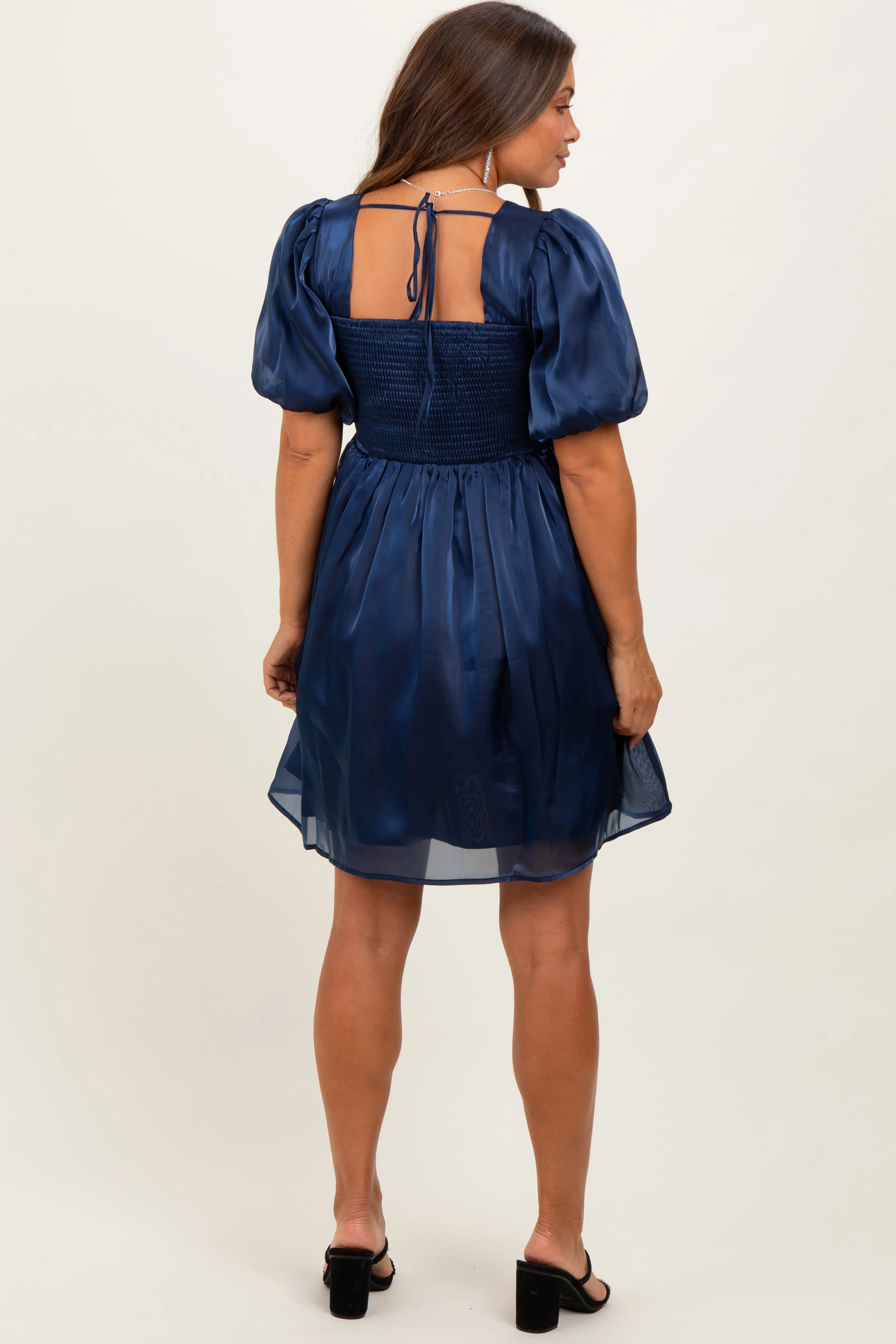 Navy Organza Smocked Puff Sleeve Maternity Mini Dress sold by Pinkblush product image thumbnail 4