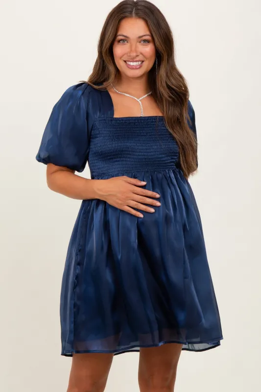 Navy Organza Smocked Puff Sleeve Maternity Mini Dress sold by Pinkblush