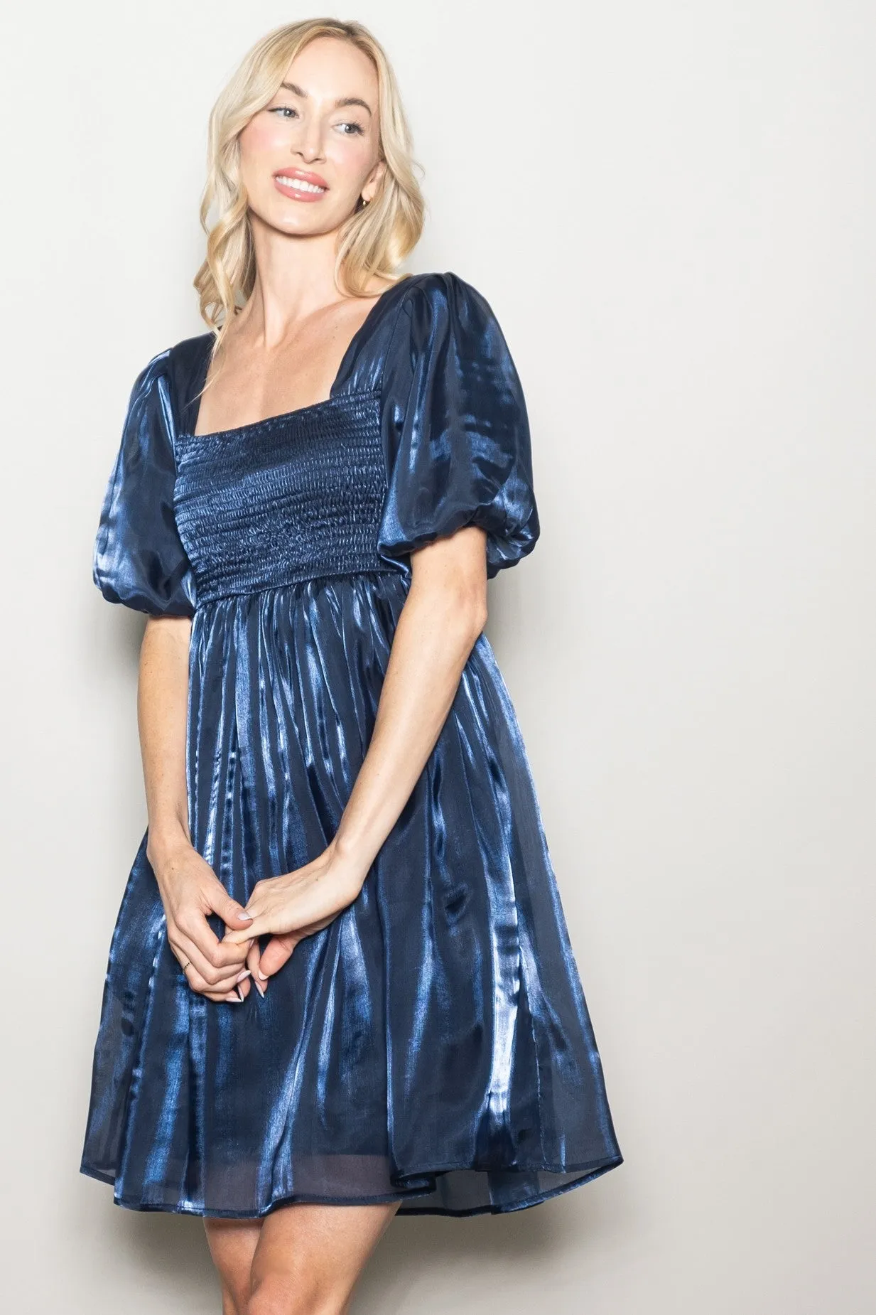 Navy Organza Smocked Puff Sleeve Maternity Mini Dress sold by Pinkblush product image thumbnail 5