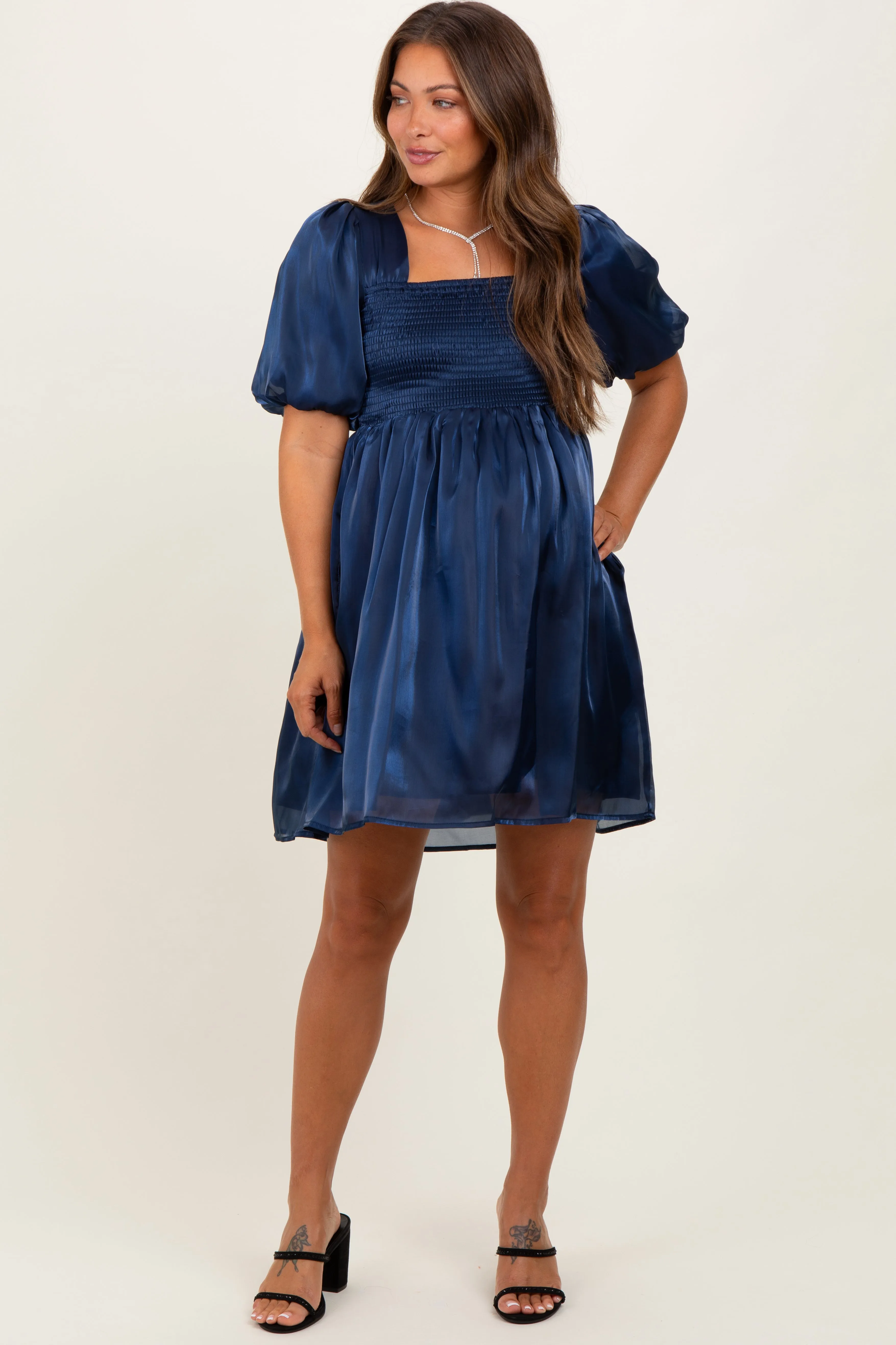 Navy Organza Smocked Puff Sleeve Maternity Mini Dress sold by Pinkblush product image thumbnail 2