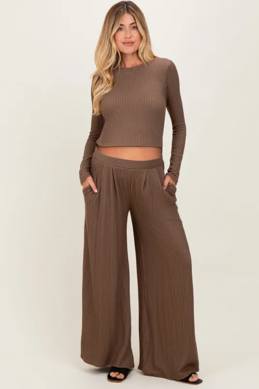 Coffee Long Sleeve Top Pleated Wide Leg Pants Texture Maternity Set sold by Pinkblush