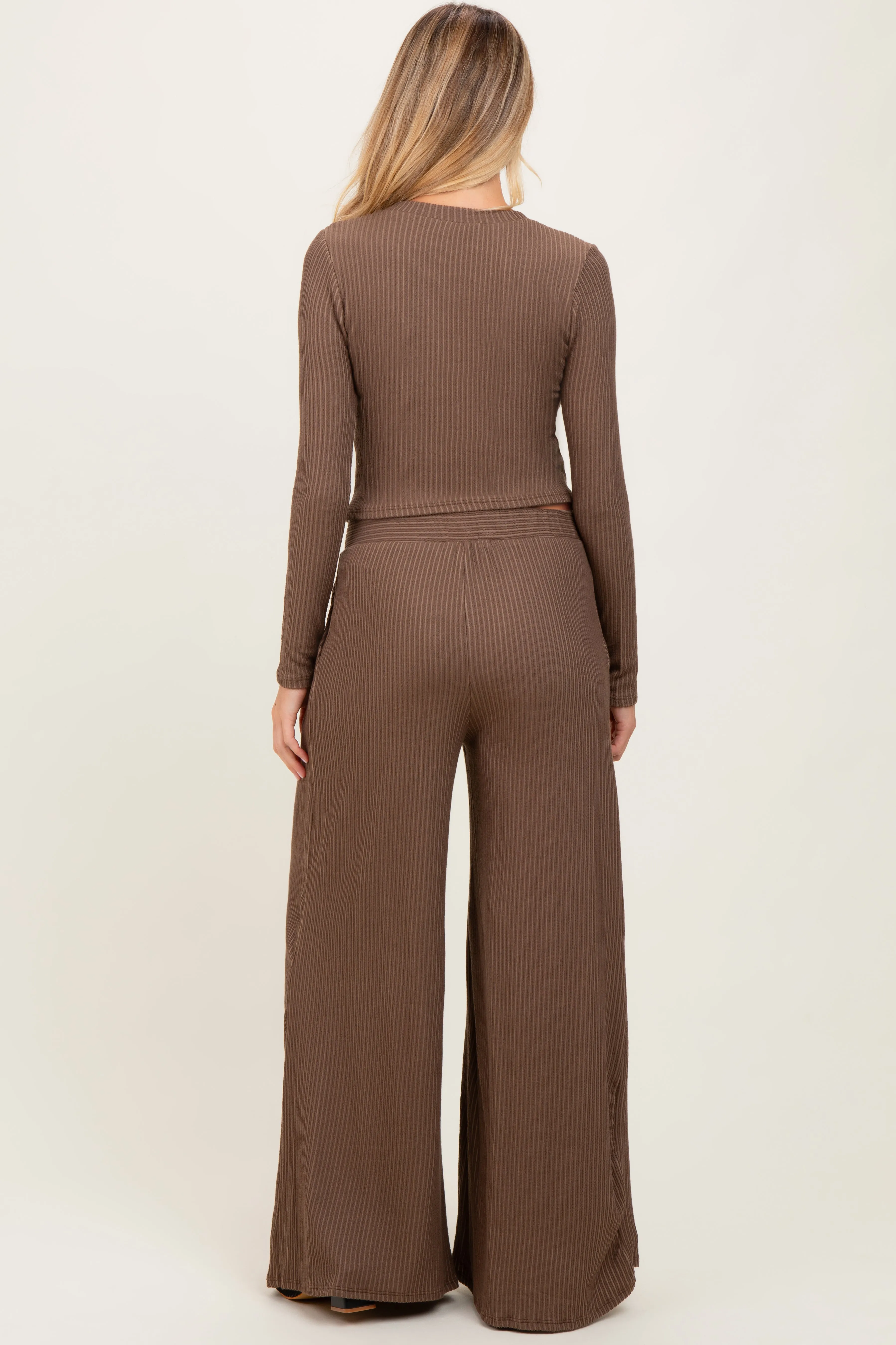 Coffee Long Sleeve Top Pleated Wide Leg Pants Texture Maternity Set sold by Pinkblush product image thumbnail 2