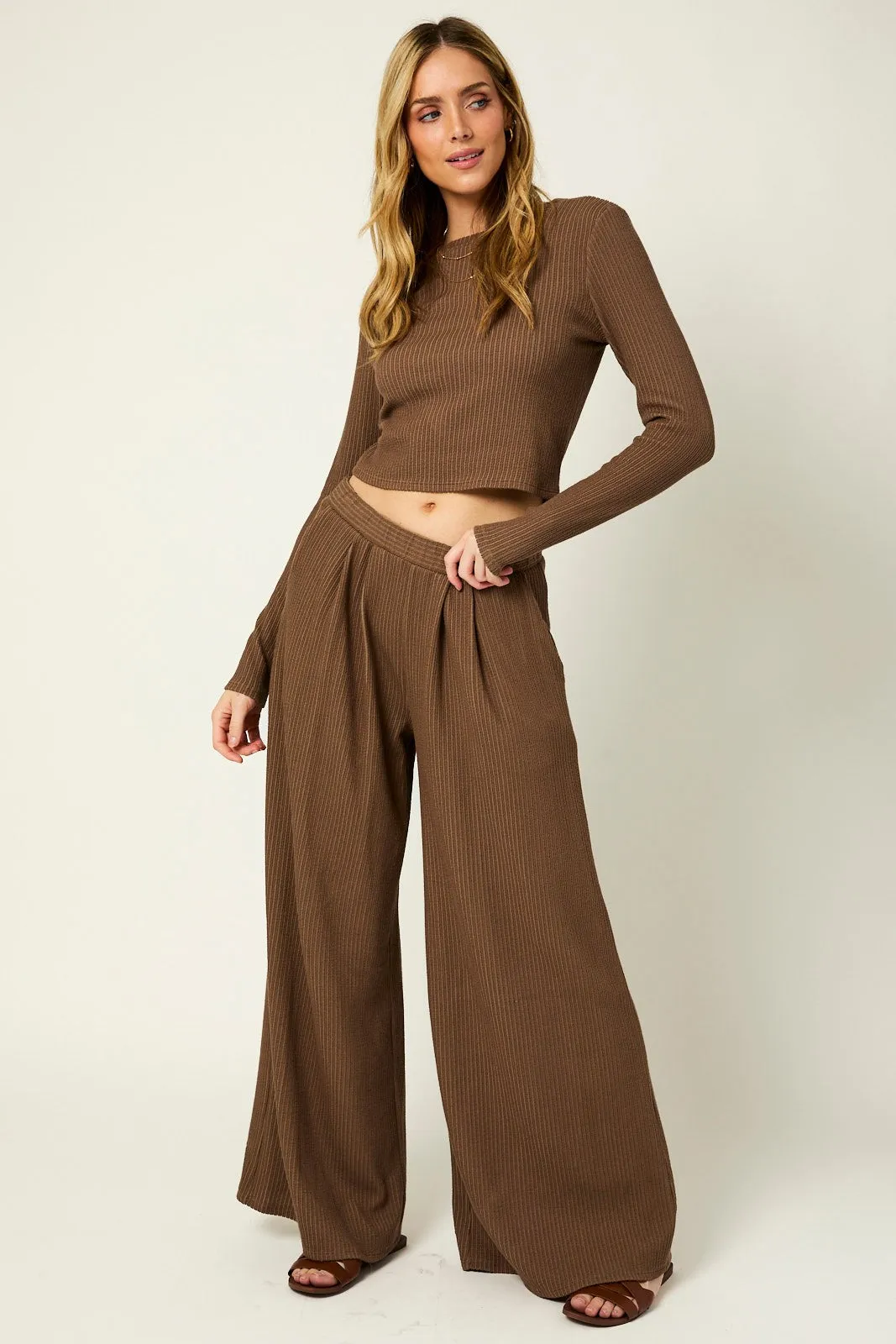 Coffee Long Sleeve Top Pleated Wide Leg Pants Texture Maternity Set sold by Pinkblush product image thumbnail 3