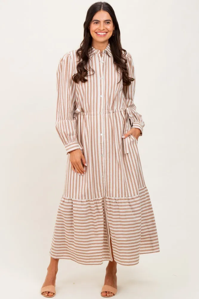 Mocha Striped Collared Button Down Waist Tie Maternity Maxi Dress sold by Pinkblush product image thumbnail 4