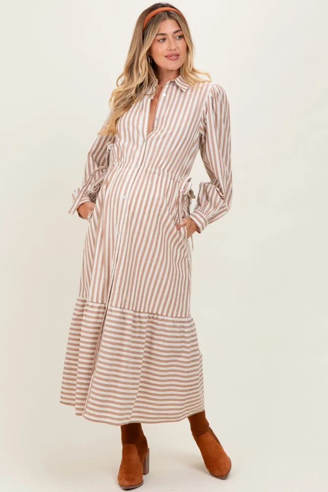 Mocha Striped Collared Button Down Waist Tie Maternity Maxi Dress sold by Pinkblush