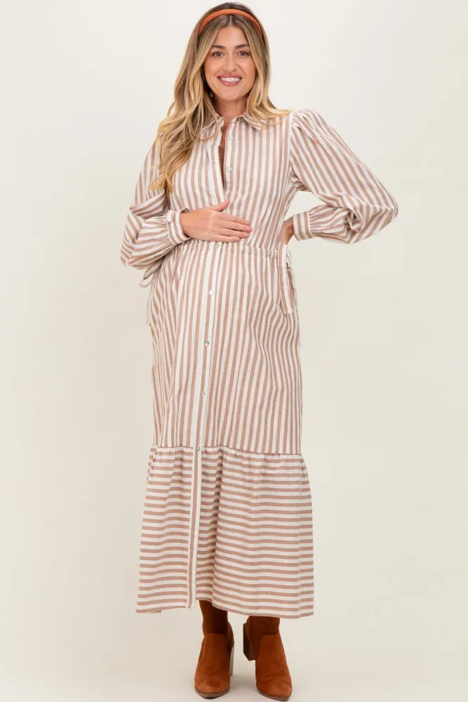 Mocha Striped Collared Button Down Waist Tie Maternity Maxi Dress sold by Pinkblush product image thumbnail 2
