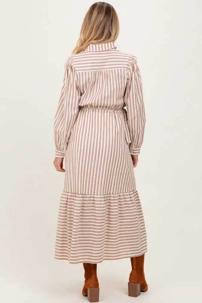 Mocha Striped Collared Button Down Waist Tie Maternity Maxi Dress sold by Pinkblush product image thumbnail 3