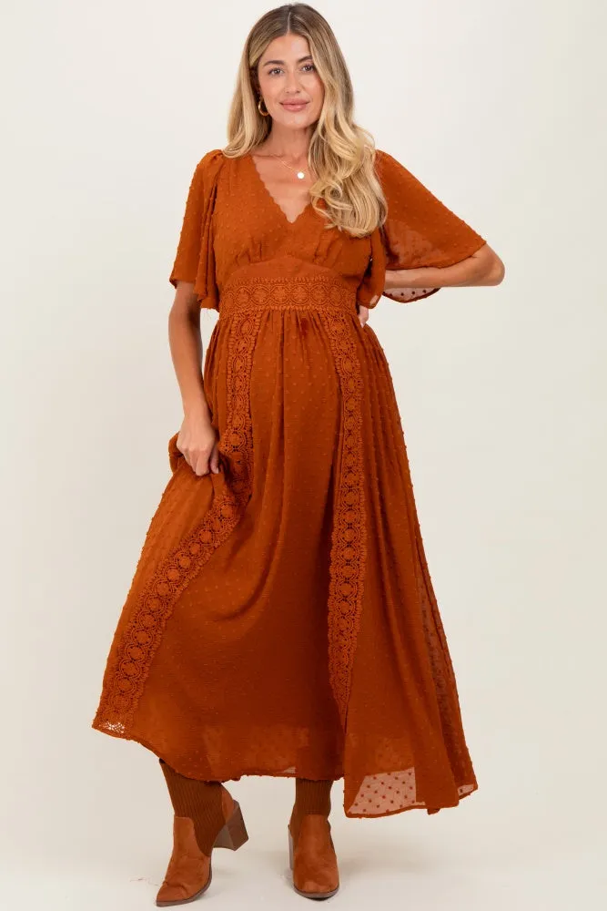 Rust Swiss Dot Crochet Lace Accent Maternity Maxi Dress sold by Pinkblush