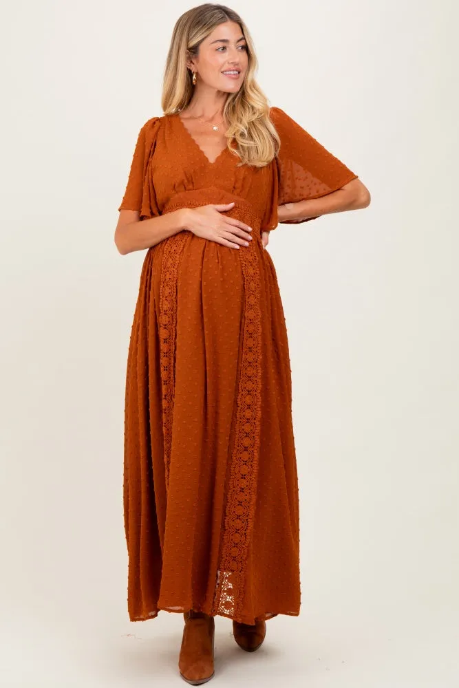 Rust Swiss Dot Crochet Lace Accent Maternity Maxi Dress sold by Pinkblush product image thumbnail 2
