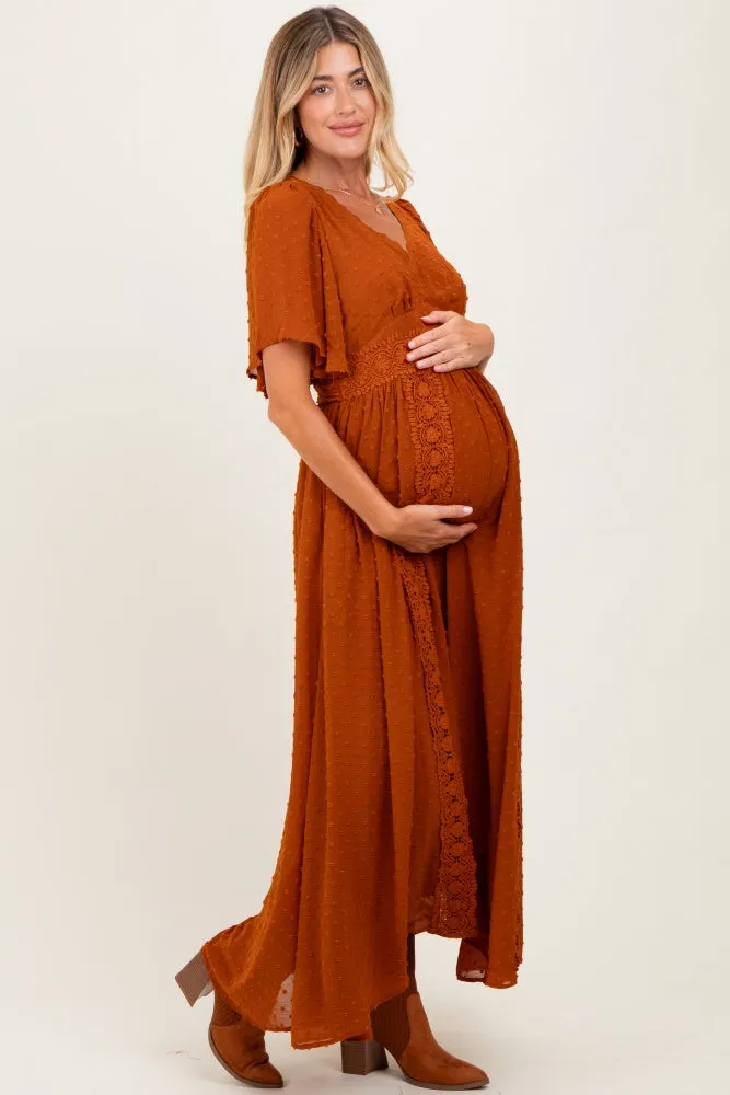 Rust Swiss Dot Crochet Lace Accent Maternity Maxi Dress sold by Pinkblush product image thumbnail 3
