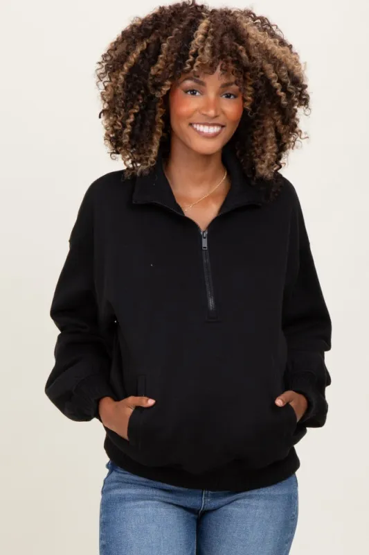 Black French Terry Quarter Zip Maternity Pullover sold by Pinkblush