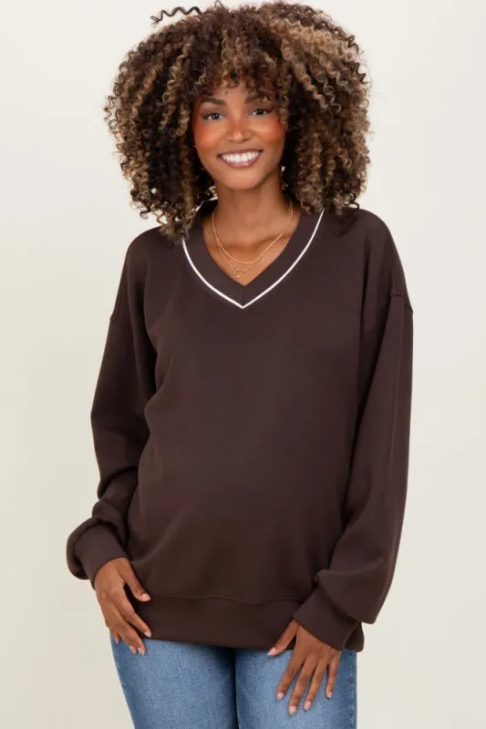 Brown V-Neck Maternity Sweatshirt sold by Pinkblush