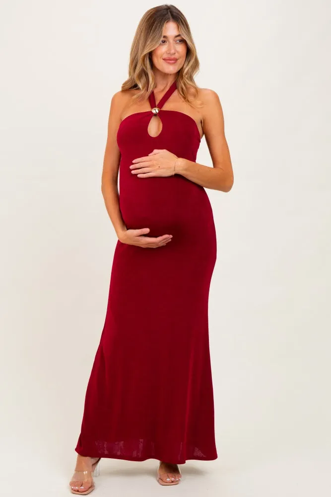 Burgundy Halter Pendant Maternity Maxi Dress sold by Pinkblush