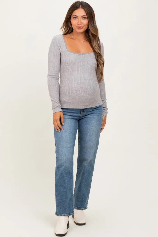 Grey Pointelle Knit Lace Trim Square Neck Maternity Top sold by Pinkblush product image thumbnail 2