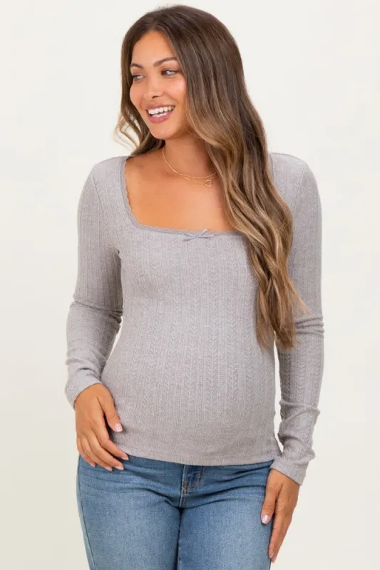 Grey Pointelle Knit Lace Trim Square Neck Maternity Top sold by Pinkblush