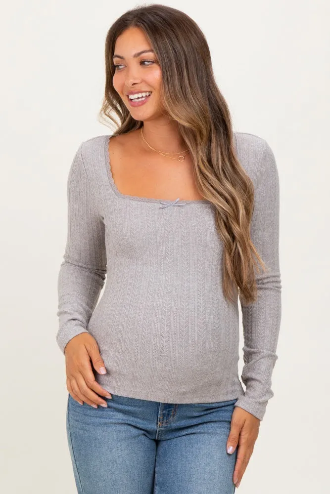 Grey Pointelle Knit Lace Trim Square Neck Maternity Top sold by Pinkblush