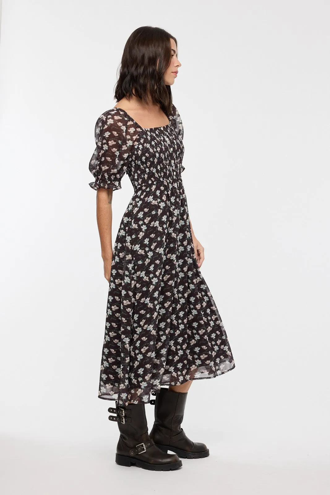 Brown Floral Smocked Puff Sleeve Midi Dress sold by Pinkblush product image thumbnail 2