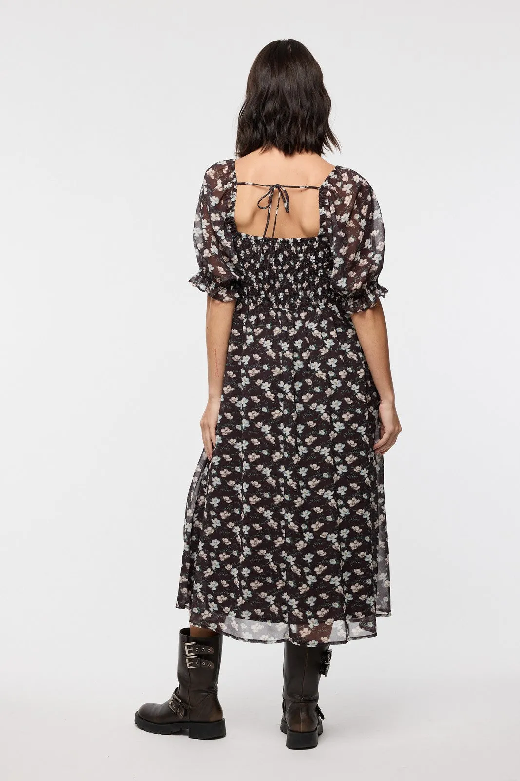 Brown Floral Smocked Puff Sleeve Midi Dress sold by Pinkblush product image thumbnail 3