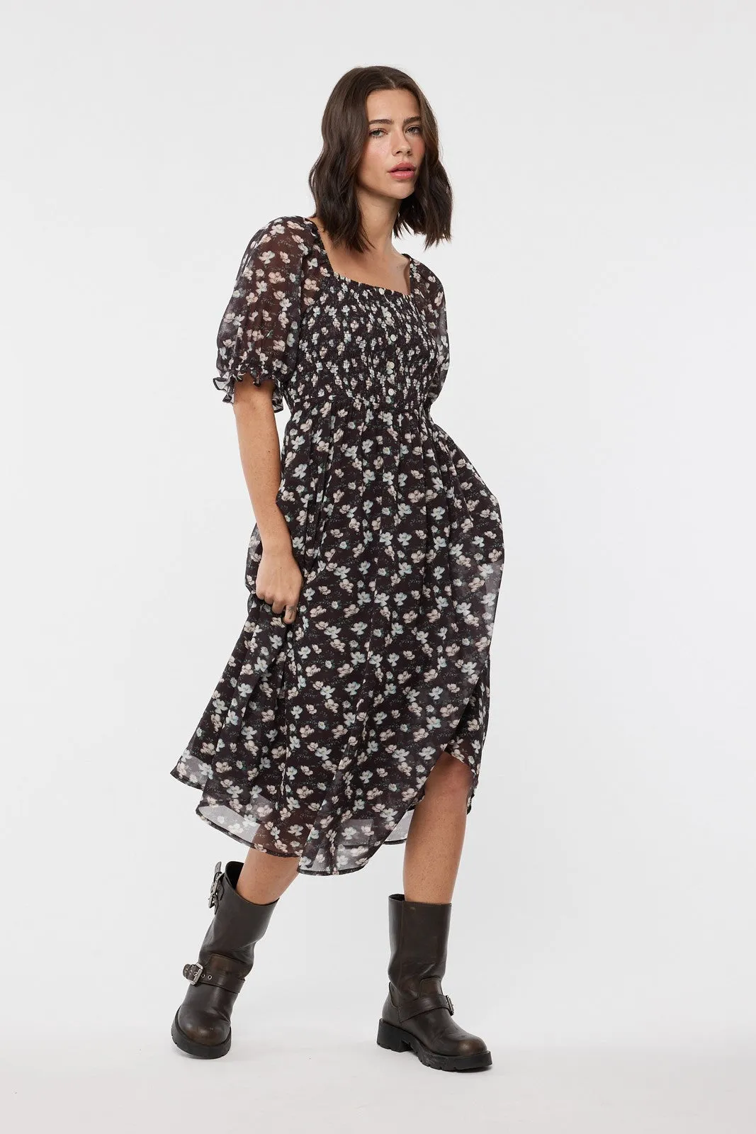 Brown Floral Smocked Puff Sleeve Midi Dress sold by Pinkblush product image thumbnail 4