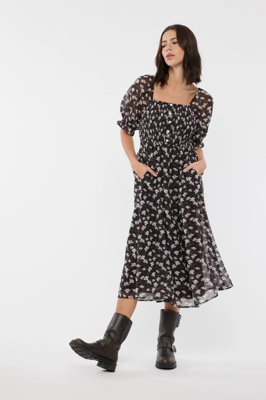 Brown Floral Smocked Puff Sleeve Midi Dress sold by Pinkblush