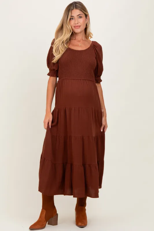 Brown Smocked Tiered Maternity Maxi Dress sold by Pinkblush