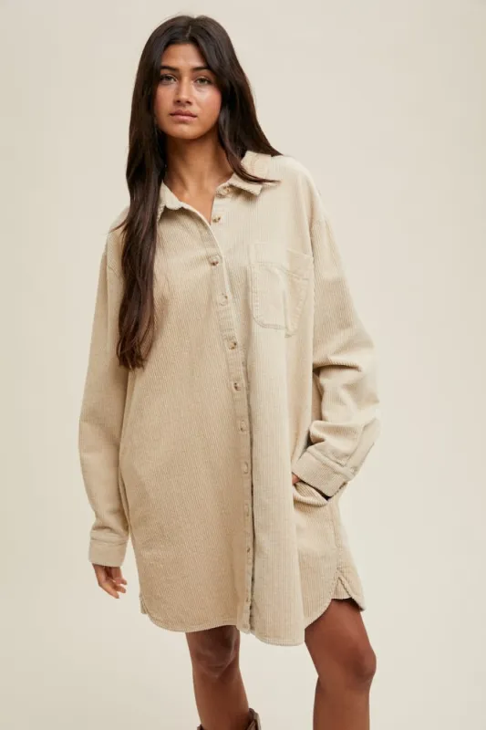 Beige Corduroy Shirt Mini Dress sold by Pinkblush