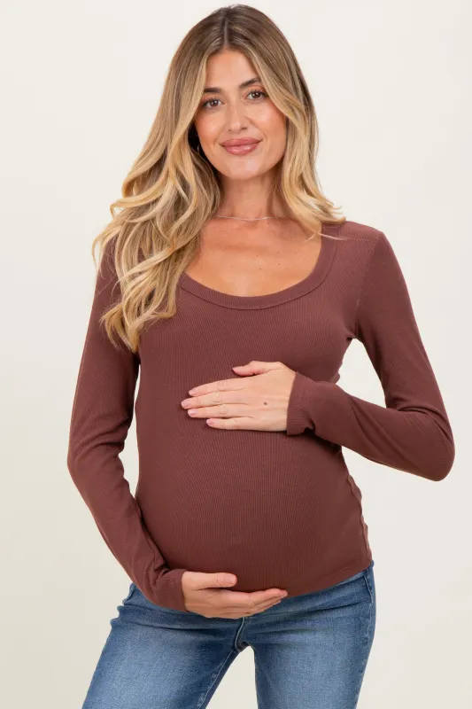 Dark Mocha Ribbed Square Neck Long Sleeve Maternity Top sold by Pinkblush