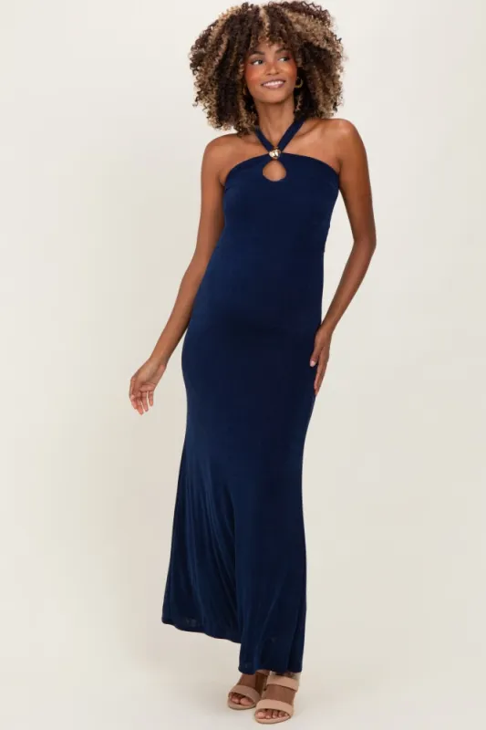 Navy Halter Pendant Maternity Maxi Dress sold by Pinkblush