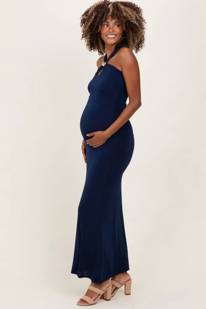 Navy Halter Pendant Maternity Maxi Dress sold by Pinkblush product image thumbnail 2