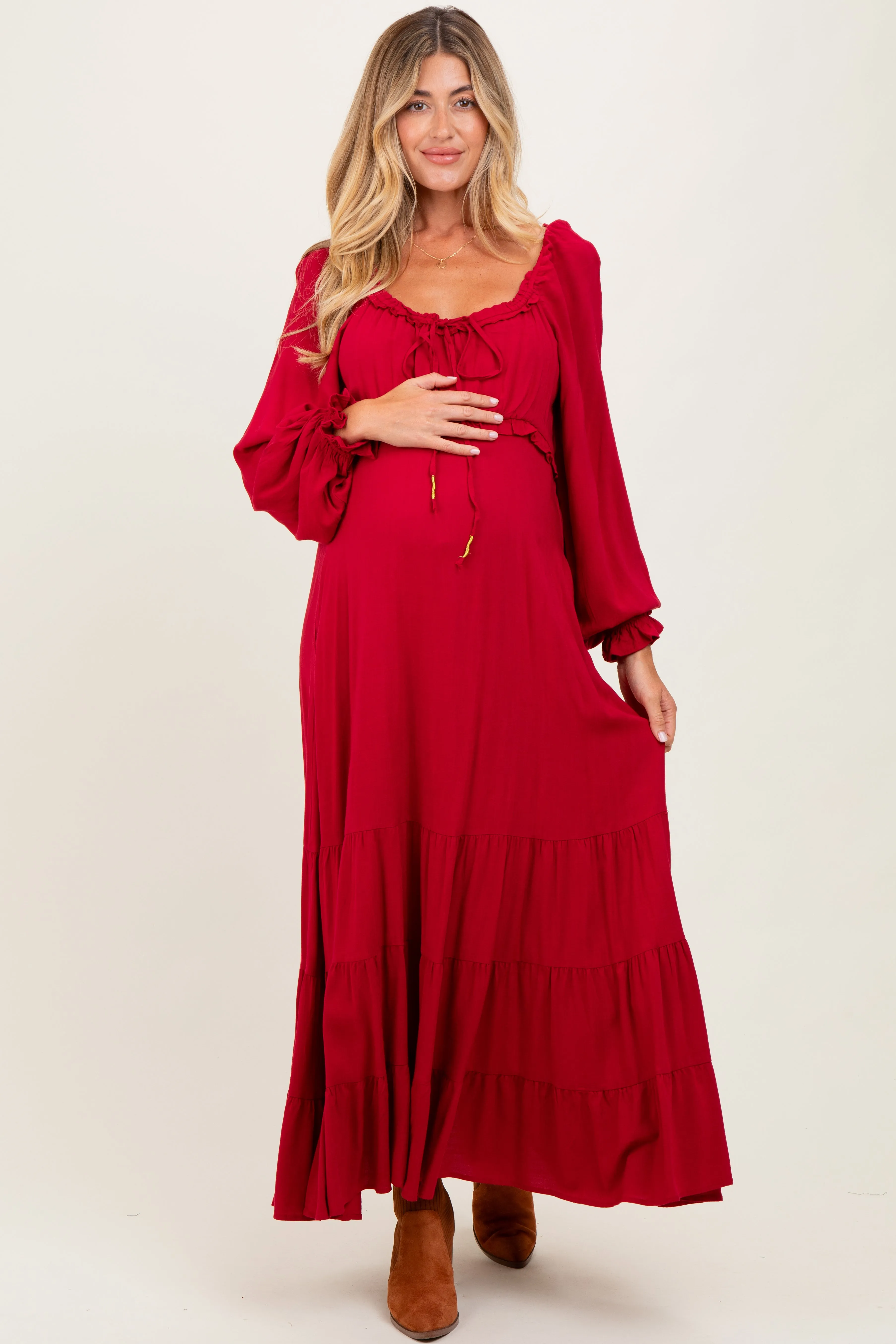 Red Ruffled Fit And Flare Maternity Maxi Dress sold by Pinkblush