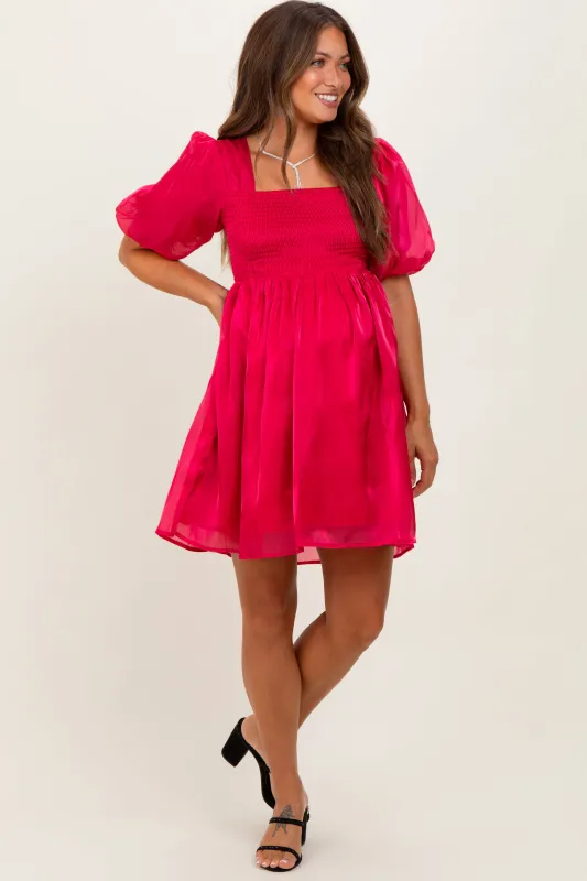 Red Organza Smocked Puff Sleeve Maternity Mini Dress sold by Pinkblush