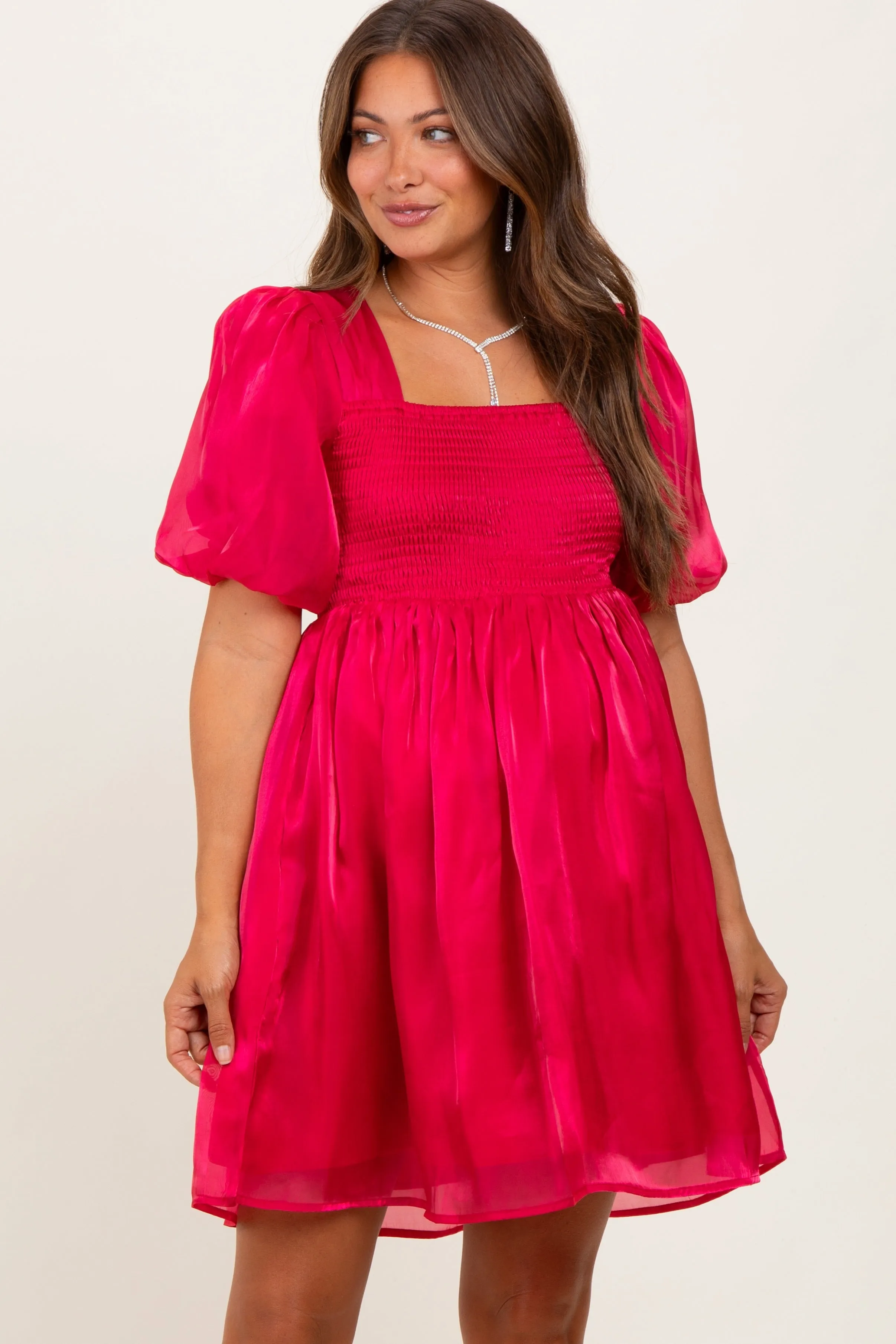 Red Organza Smocked Puff Sleeve Maternity Mini Dress sold by Pinkblush product image thumbnail 2