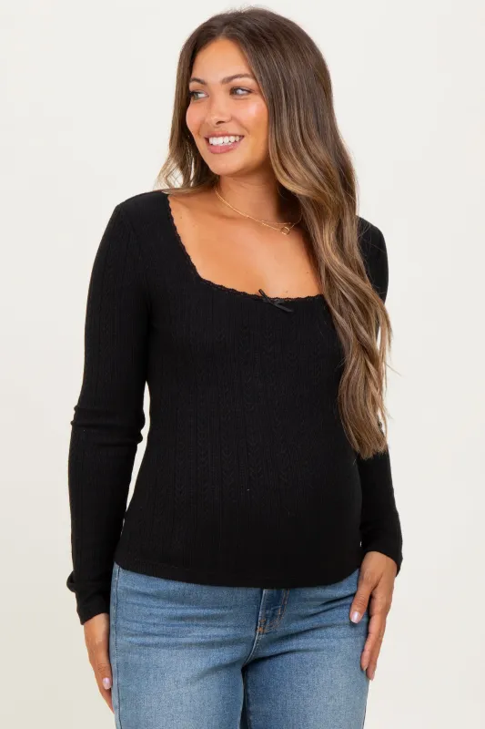 Black Pointelle Knit Lace Trim Square Neck Maternity Top sold by Pinkblush