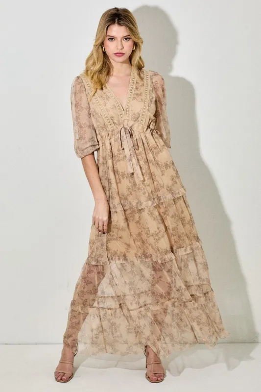 Camel Floral Mesh Overlay Lace Trim Maxi Dress sold by Pinkblush