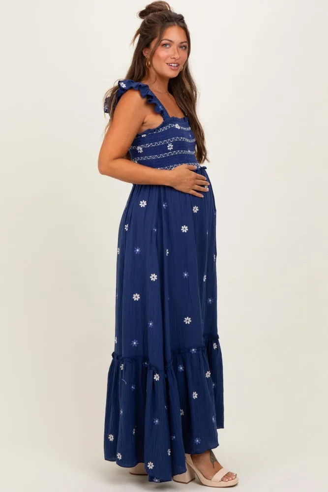 Royal Blue Floral Embroidered Smocked Maternity Maxi Dress sold by Pinkblush product image thumbnail 3