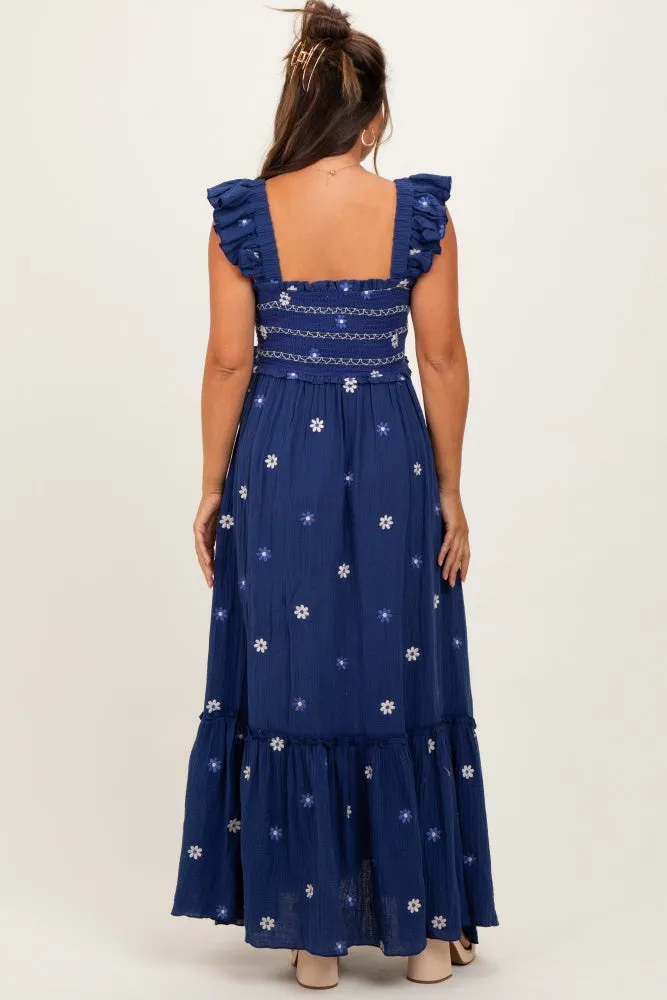 Royal Blue Floral Embroidered Smocked Maternity Maxi Dress sold by Pinkblush product image thumbnail 4