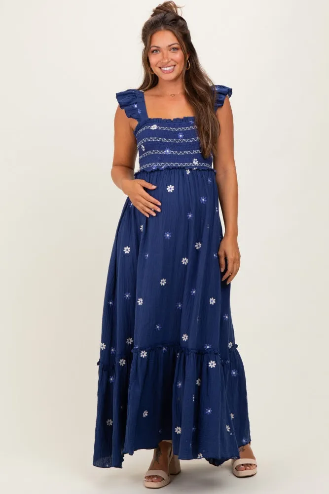 Royal Blue Floral Embroidered Smocked Maternity Maxi Dress sold by Pinkblush