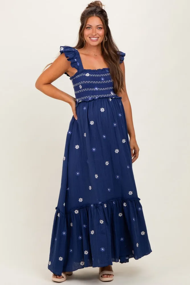 Royal Blue Floral Embroidered Smocked Maternity Maxi Dress sold by Pinkblush product image thumbnail 2