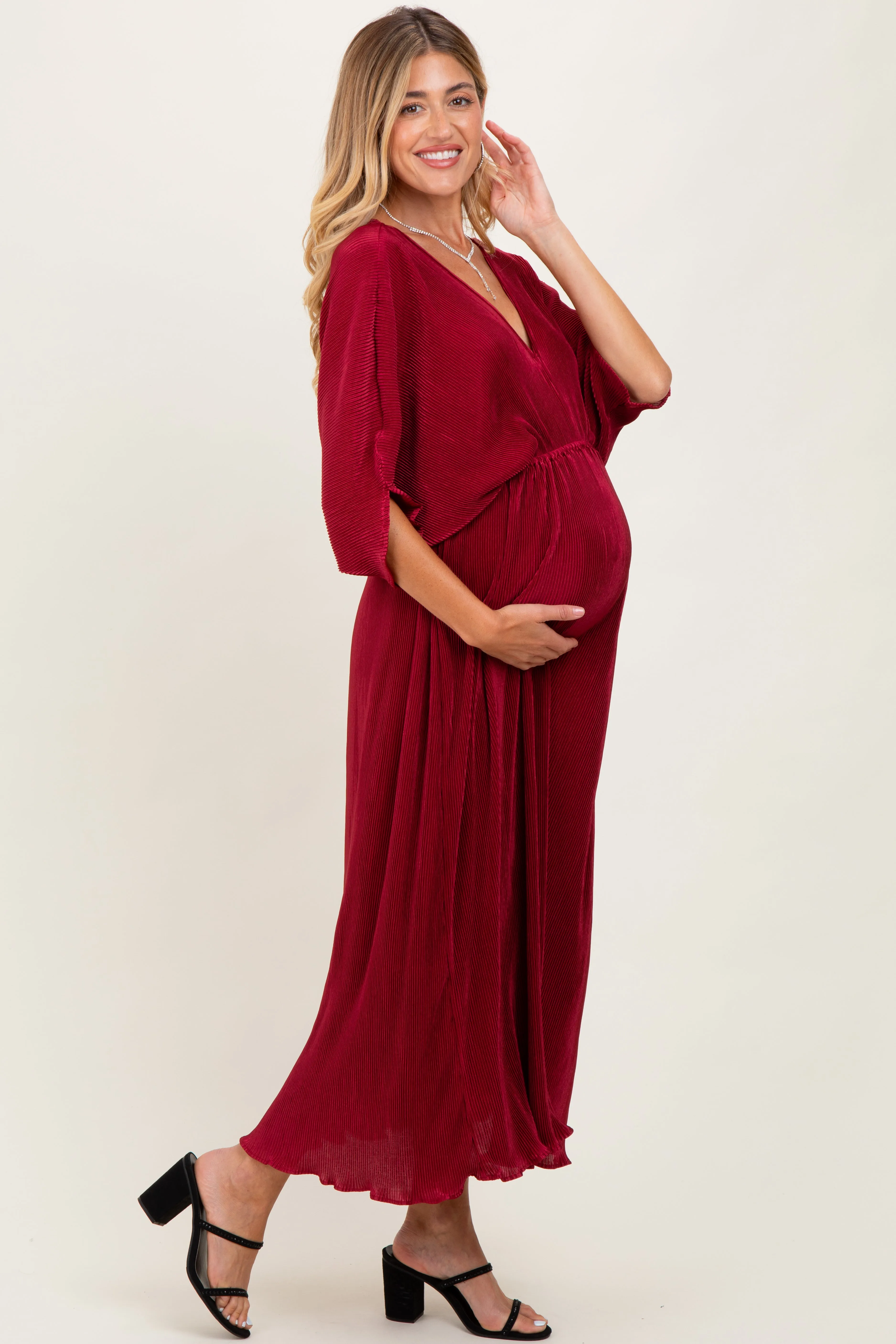Burgundy Pleated Satin Dolman Sleeve Maternity Maxi Dress sold by Pinkblush product image thumbnail 3