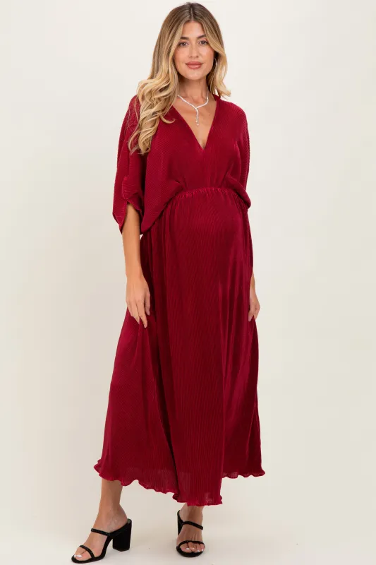 Burgundy Pleated Satin Dolman Sleeve Maternity Maxi Dress sold by Pinkblush