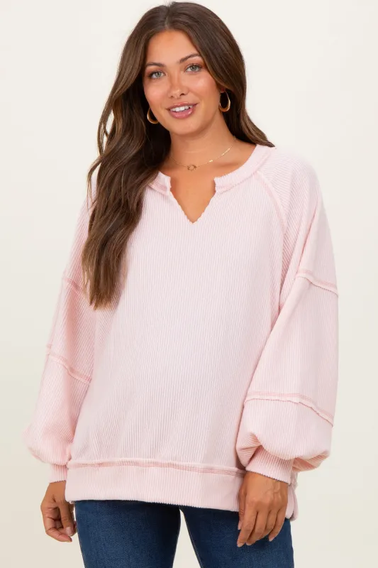 Light Pink Solid Rib Long Sleeve V-Neck Oversized Maternity Tunic Top sold by Pinkblush