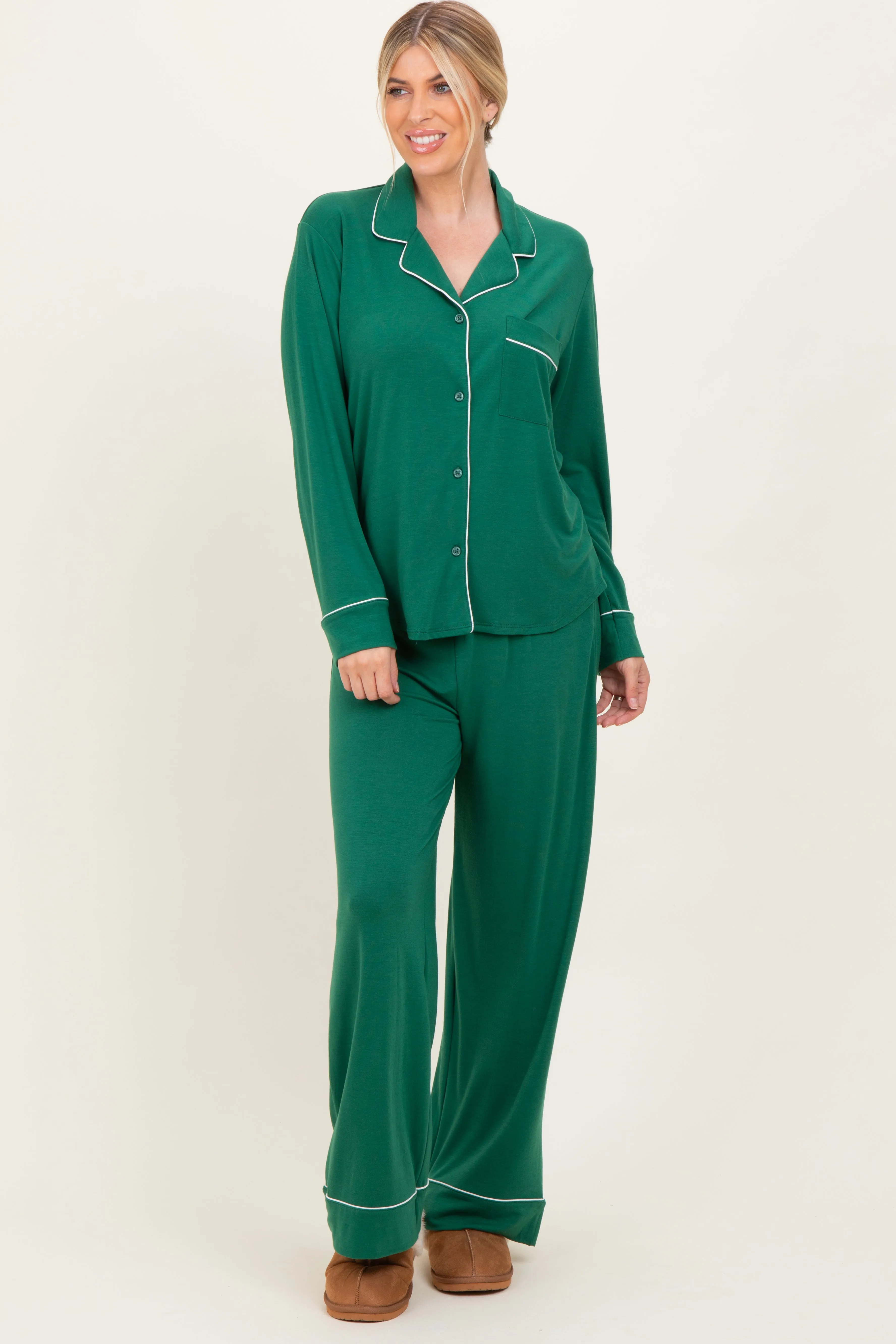 Green Button Down Top Wide Leg Pant Pajama Set sold by Pinkblush