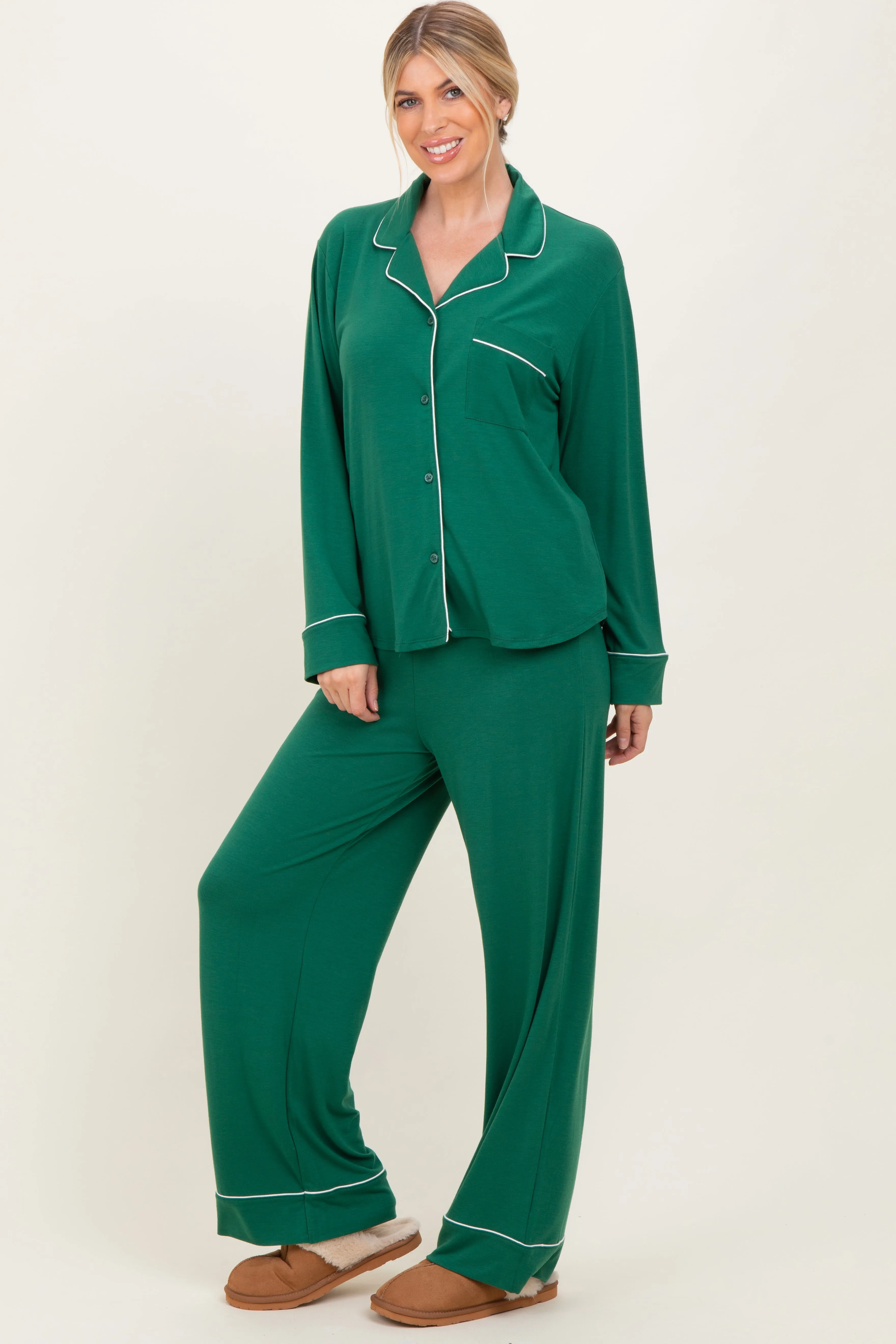 Green Button Down Top Wide Leg Pant Pajama Set sold by Pinkblush product image thumbnail 2