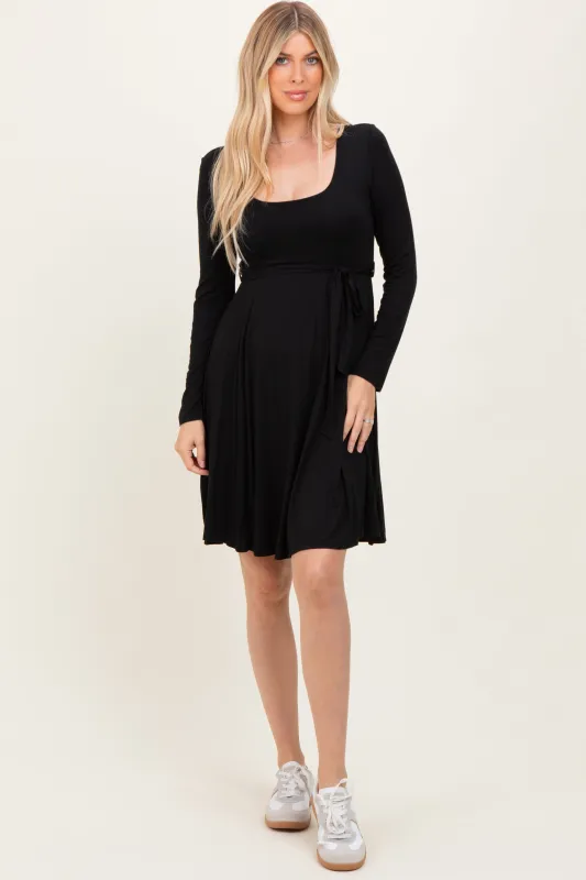 Black Scoop Neck Long Sleeve Waist Tie Dress sold by Pinkblush