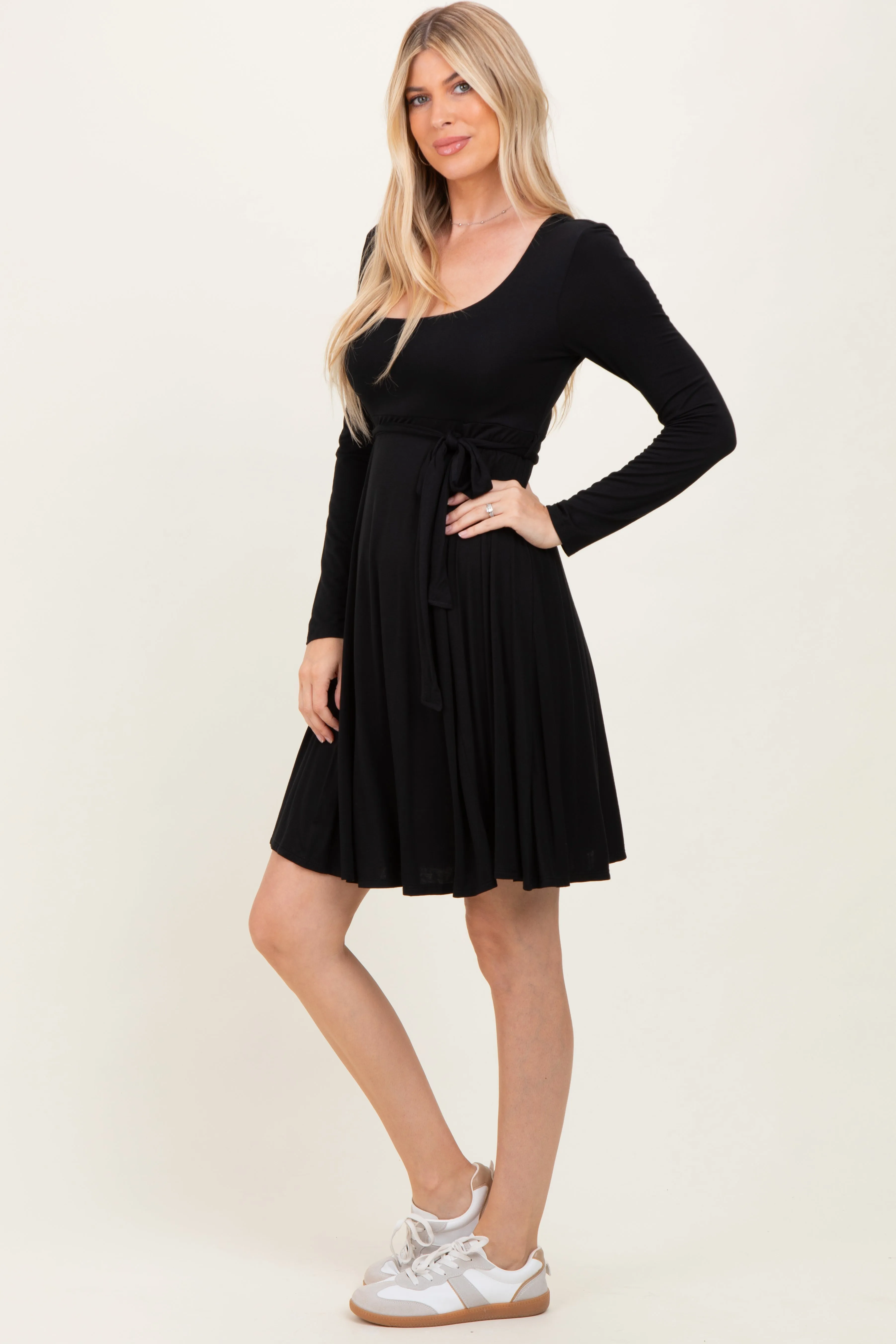 Black Scoop Neck Long Sleeve Waist Tie Dress sold by Pinkblush product image thumbnail 3