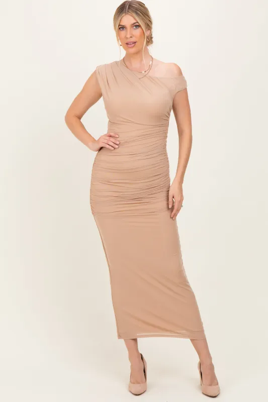 Beige Ruched Asymmetrical Off Shoulder Maxi Dress sold by Pinkblush