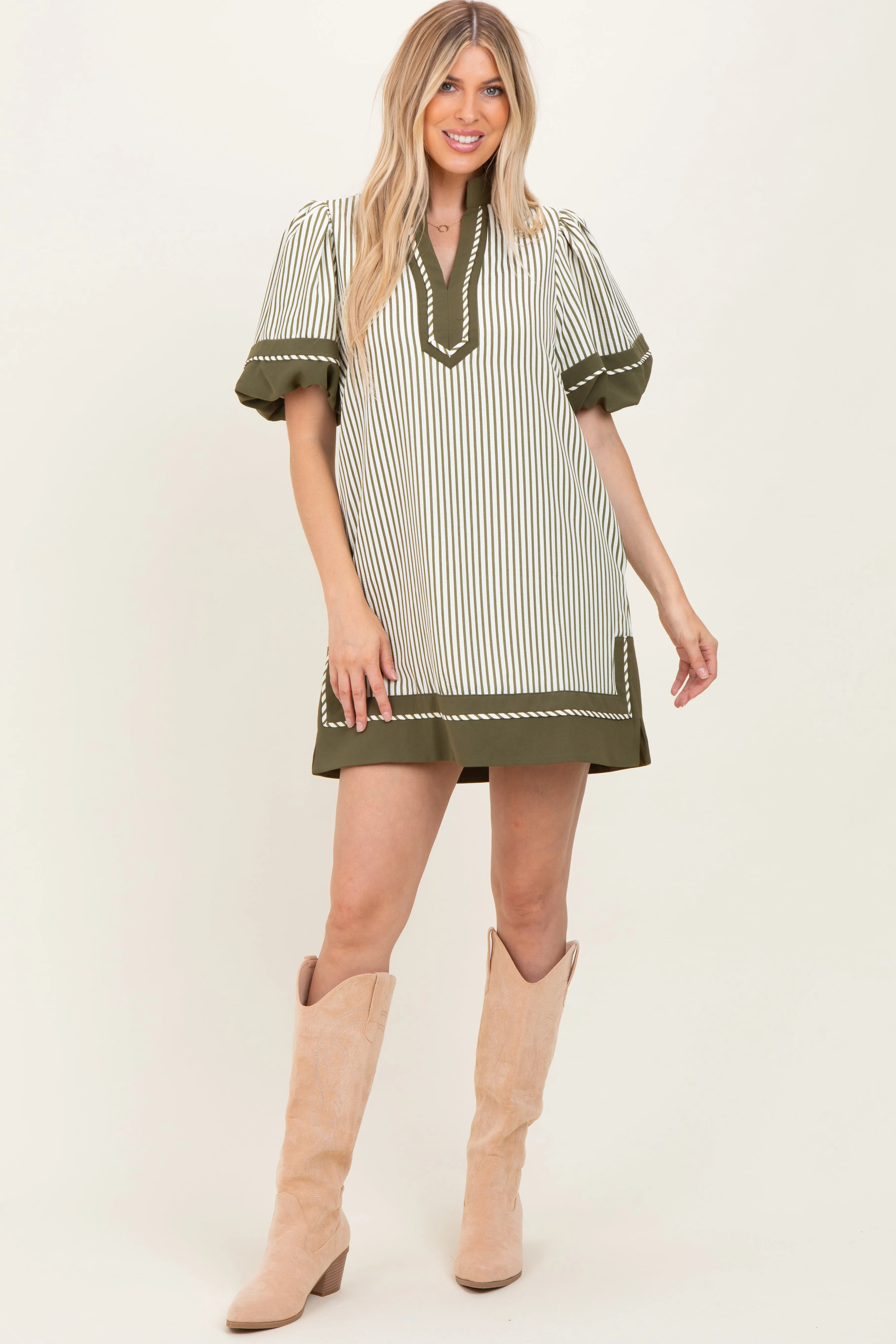 Olive Striped Contrast Border Mini Dress sold by Pinkblush product image thumbnail 2